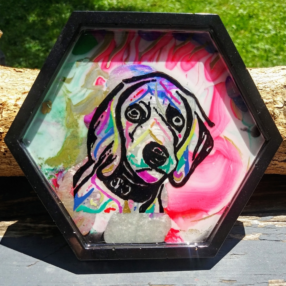 Hand Drawn Artisan Dog Coaster Epoxy Resin - Picture 1 of 11